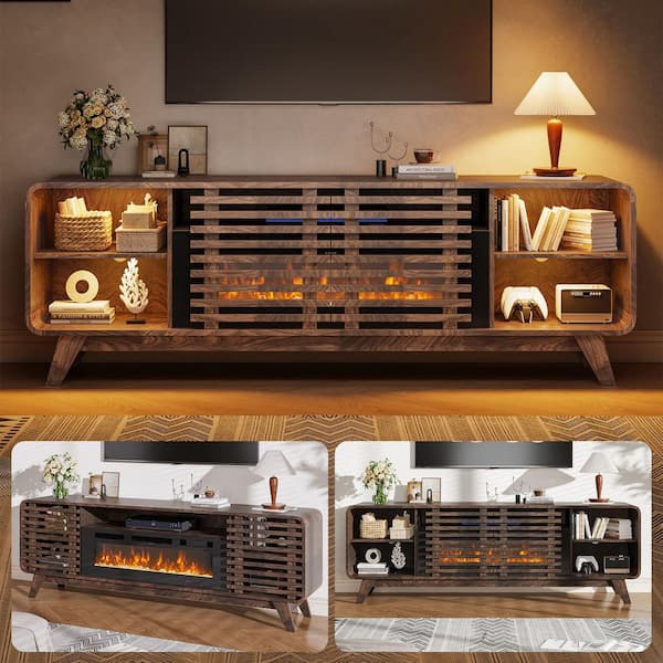 Sizzim 70 in. Freestanding Farmhouse Wooden Electric Fireplace TV