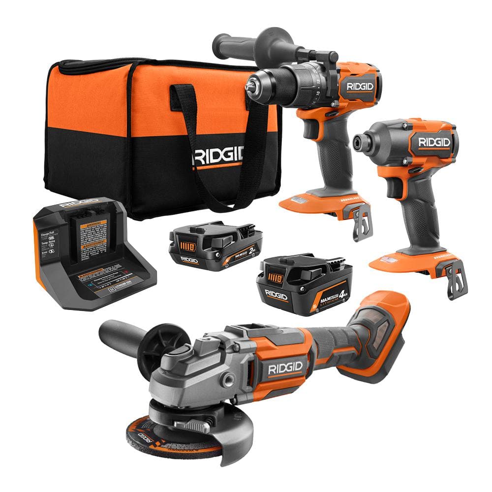 RIDGID 18V Brushless Cordless 3-Tool Combo Kit w/ Hammer Drill, Impact Driver, 4-1/2 in Angle Grinder, Batteries, Charger & Bag -  R9208-R86042