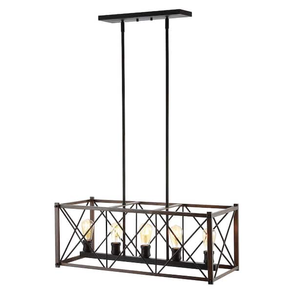Galax 30 in. 5-Light Brown/Oil Rubbed Bronze Adjustable Iron Farmhouse Industrial LED Dimmable Pendant