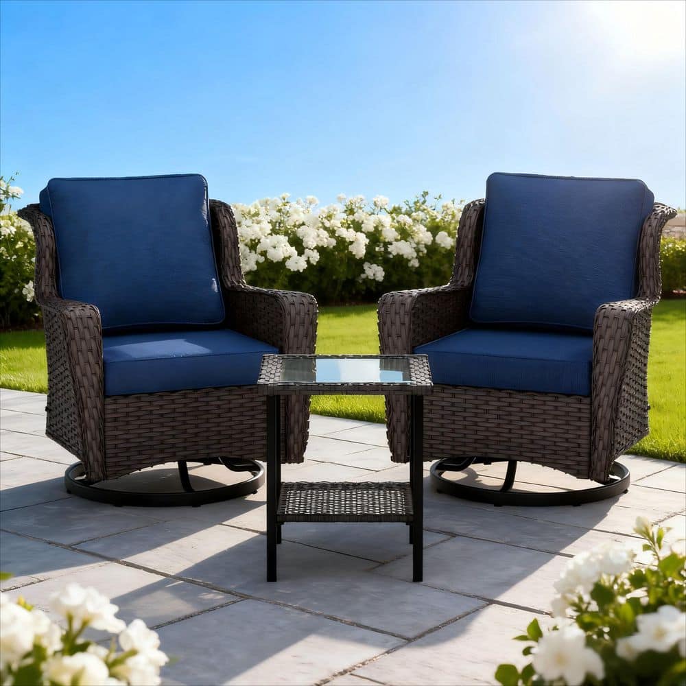 3-Piece Wicker Outdoor Rocking Chairs Swivel Chairs Patio Chat Set with Dark Blue Cushions and 1-Table price history on PriceWatchPro