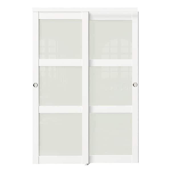 72 in. x 80 in. 3-Lite Frosted Glass MDF Pre-Drilled Sliding Door with Handle & Hardware Kit, Need to be Assembled