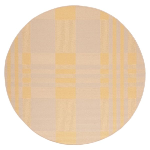 Courtyard Gold/Beige 7 ft. x 7 ft. Plaid Indoor/Outdoor Round Area Rug