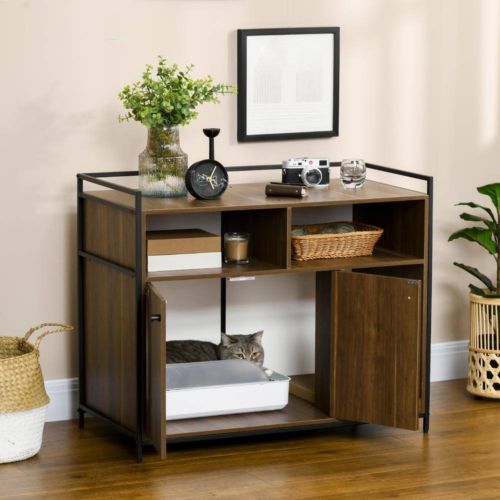 Brown Wood and Metal Freestanding Cat Litter Box Enclosure