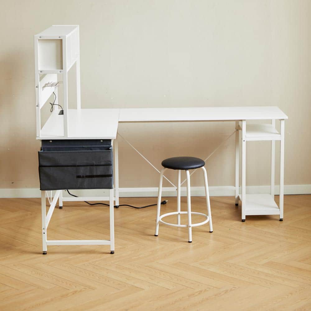 94.5 in. L-Shape White MDF Computer Desk with Stool, LED Light and Storage 