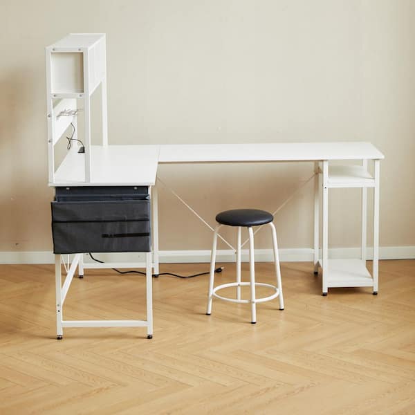 CSC DECOR INC 94.5 in. L-Shape White MDF Computer Desk with Stool, LED Light and Storage Shelves Metal Pannel Office Desk Gaming Desk