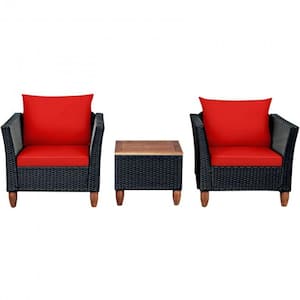 3-Pieces Rattan Outdoor Patio Conversation Set with Red Cushions