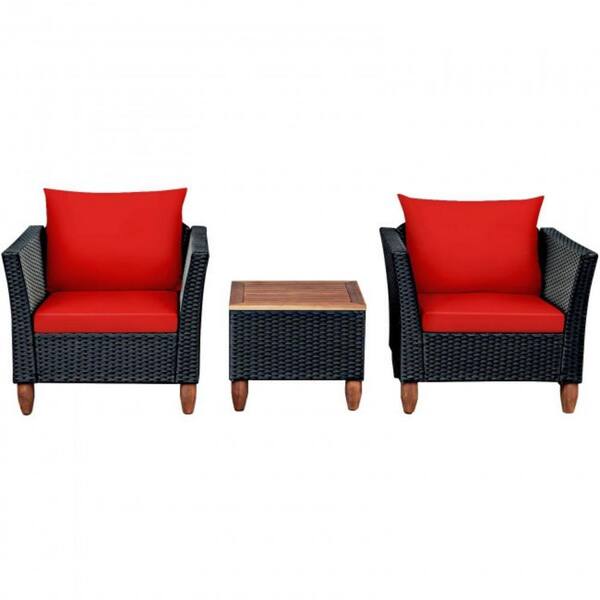 Alpulon 3-Pieces Rattan Outdoor Patio Conversation Set with Red Cushions