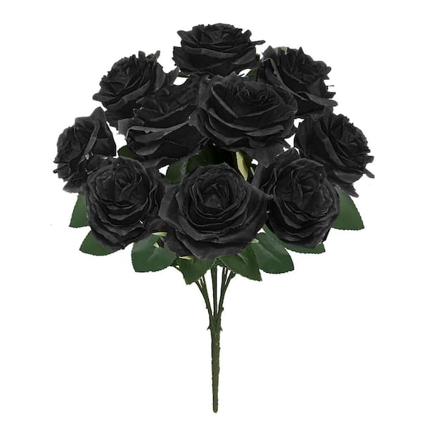 LIVING LUXURY 18 in. Deluxe Black Artificial Queen Rose Flower Stem Bush Bouquet (Set of 2)