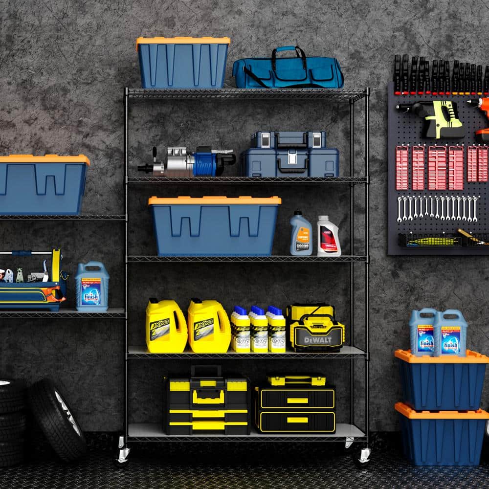 Black Heavy Duty 6-Tier Adjustable Metal Storage Rack with Wheels