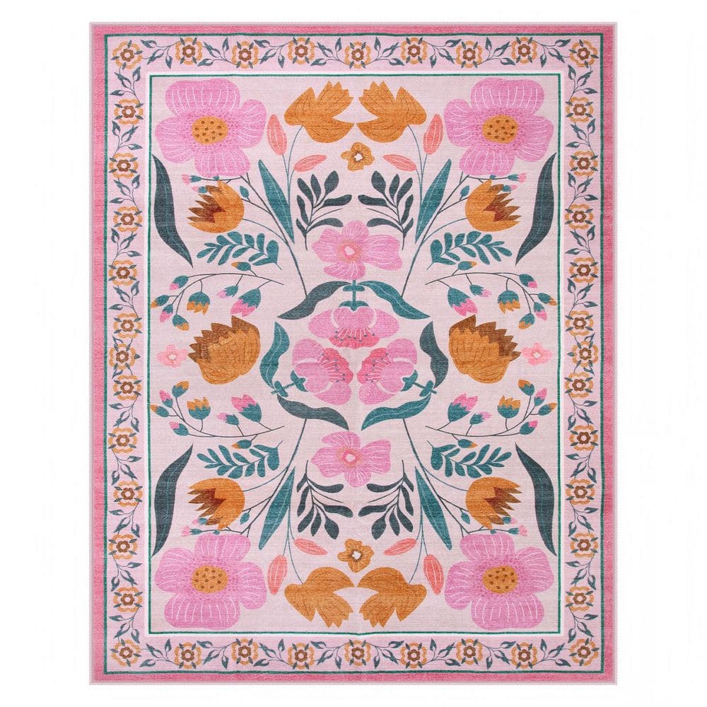 Lahome Cottagecore Floral Washable Non-Slip Pink 8 ft. x 10 ft. Area ...