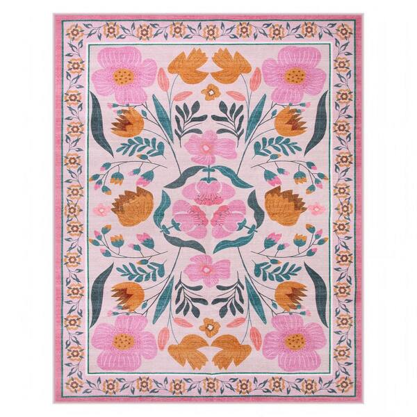 Cottagecore Floral Washable Non-Slip Pink 8 ft. x 10 ft. Area Rug
