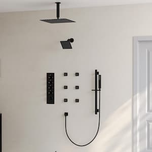 13-Spray Patterns 16 and 6 in. Ceiling Mount Dual Shower Head and Handheld with Sliding Bar 2.5 GPM in Matte Black