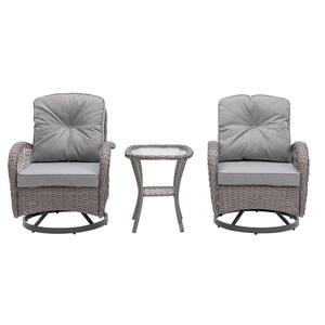 3-Piece Gray Wicker Patio Conversation Set with Gray Thickened Cushions, Glass Coffee Table