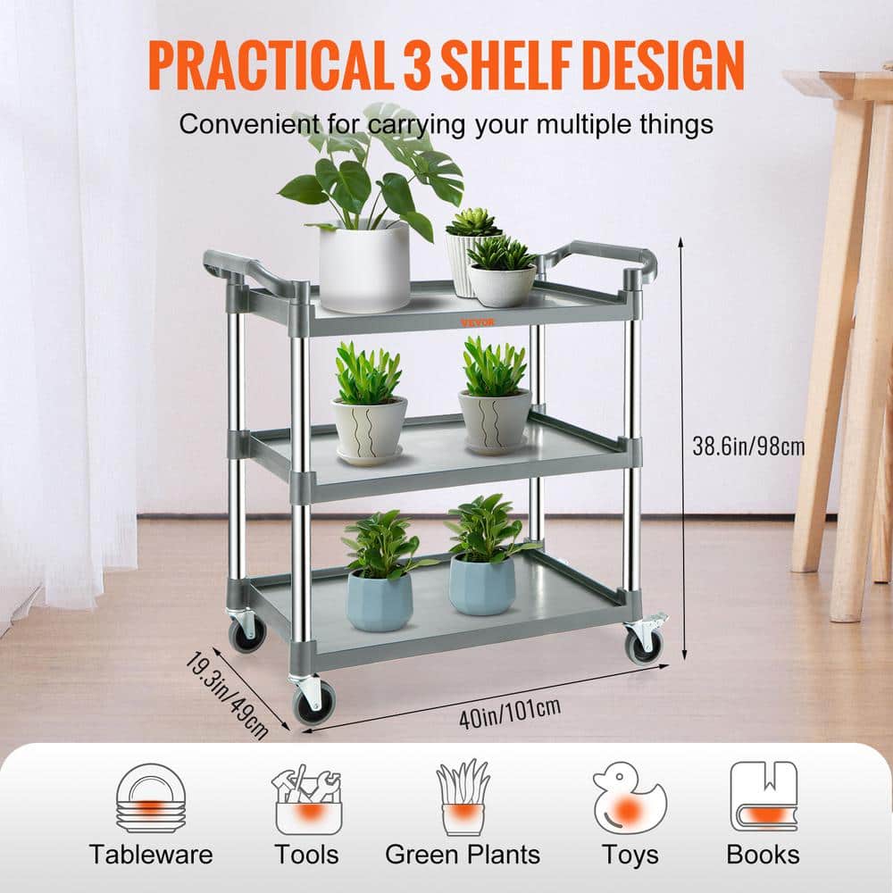 Gray 3-Shelf Heavy Duty Rolling Utility Cart with Lockable Wheels