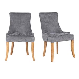 Laronda Grey Fabric Upholstered High Back Solid Wood Legs Nailhead Side Dining Chairs (Set of 2)