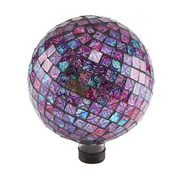 Alpine Corporation 10 in. Diameter Indoor/Outdoor Glass Mosaic Gazing Globe Yard Decoration, Purple Embossed Tile