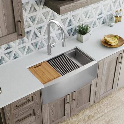 All-in-One Farmhouse Apron-Front Stainless Steel 36 in. 50/50 Double Bowl Workstation Sink with Faucet and Accessories