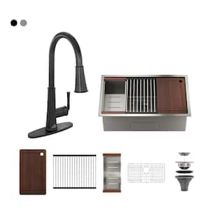 Stainless Steel Sink 32 in. Single Bowl Undermount Workstation Kitchen Sink with Matte Black Faucet and Accessories