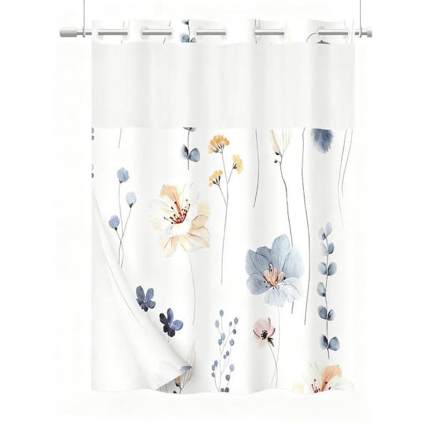 71 in. W x 74 in. L No Hook Polyester Shower Curtain with Snap in Liner, in Watercolor Floral Blue Beige