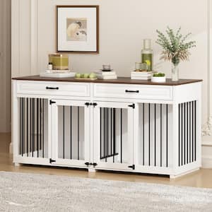 White Wood 64.6 in. W Accent Storage Cabinet with 2-Drawer, Dog Crates Cage Furniture for Small, Medium Dog