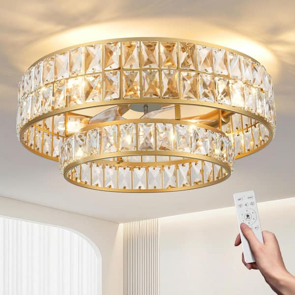 20 in. Indoor Gold Crystal Ceiling Fans with Lights & Remote Control, 6 Speed Flush Mount Fandelier for Bedroom, Kidroom