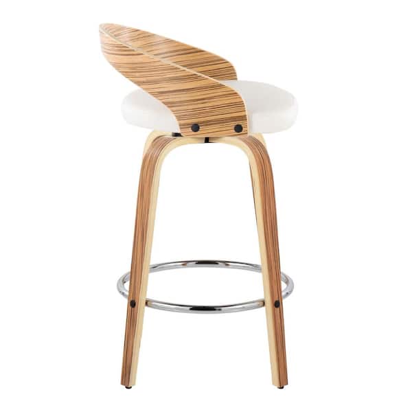 Grotto 25.25 in. White Faux Leather, Zebra Wood and Chrome Metal Fixed-Height Counter Stool (Set of 2)