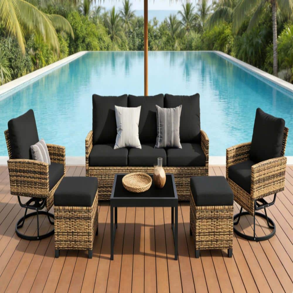 6-Piece Brown Wicker Outdoor Sectional Set with Black Cushions for Garden, Backyard price history on PriceWatchPro