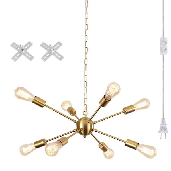8-Light Golden Modern Sputnik Chandelier for Living Room with No Bulbs Included with Plug and Switch