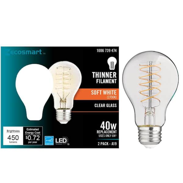 Photo 1 of 40-Watt Equivalent A19 ENERGY STAR and CEC Dimmable Fine Bendy Filament LED Light Bulb Soft White (2-Pack)