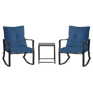 3- Piece Metal Rocking Outdoor Bistro Set with Blue Cushions, Patio Steel Conversation with Glass Coffee Table