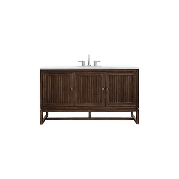 James Martin Vanities Athens 60.0 in. W x 23.5 in. D x 34.5 in. H Bathroom Vanity in Mid Century Acacia with White Zeus Quartz Top