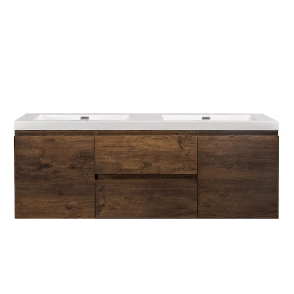 59.06 in.W x 19.69 in.D Wall-Mounted Bath Vanity in Rose Wood with white glossy Resin Top