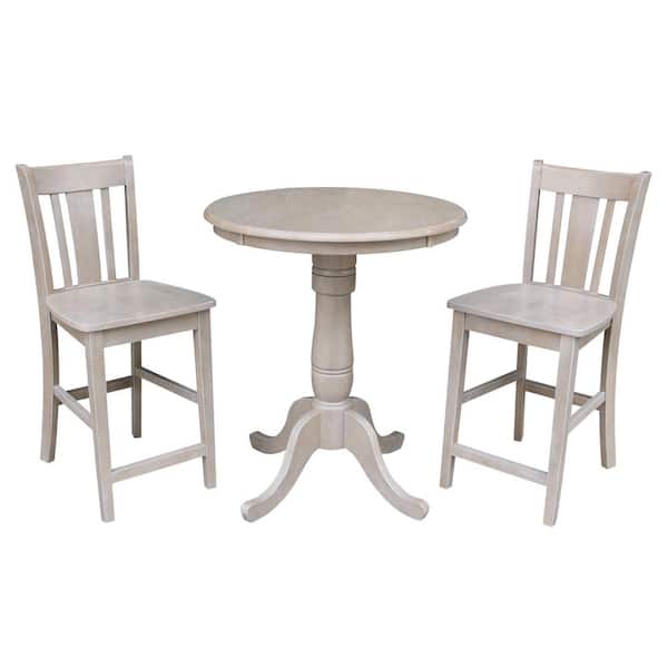 International Concepts Hampton 3-Piece 30 in. Weathered Taupe Round Solid Wood Counter Height Dining Set with San Remo Stools