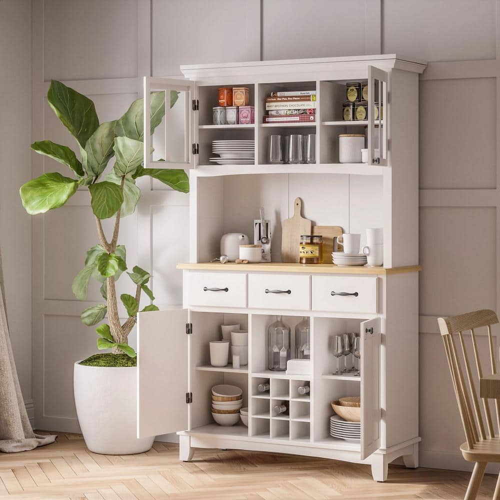 Off White China Cabinet with Natural Wood Top