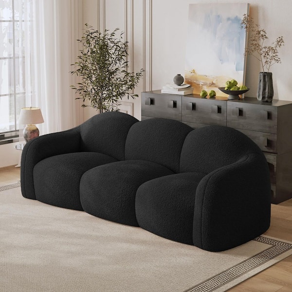 90 in. Straight Arm 3-Seater Curved Comfy Teddy Velvet Bubble Sofa Floor Sofa Memory Foam Deep Seat in. Black