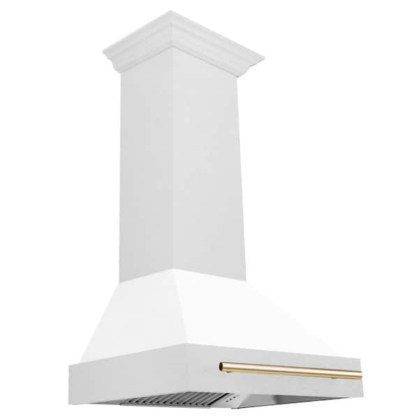 ZLINE Kitchen and Bath Autograph Edition 30 in. Satin Stainless Steel Wall Mount Range Hood with White Matte Shell and Polished Gold Handle