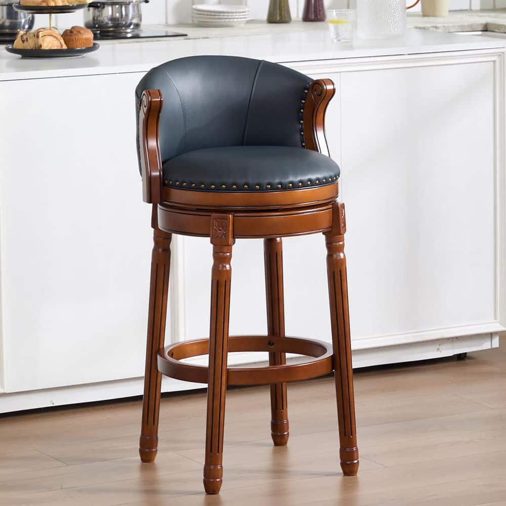 Stanley 38.5 in. H Brown+Blue Wood Upholstered Bar Stool with Leather Seat, Back and 360° Swivel price history on PriceWatchPro