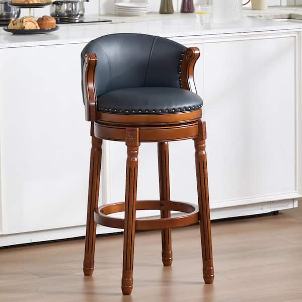 Stanley 38.5 in. H Brown+Blue Wood Upholstered Bar Stool with Leather Seat, Back and 360° Swivel
