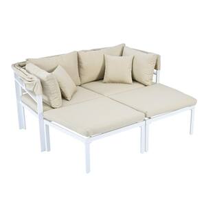 3-Piece Outdoor Couches with Retractable Canopy Metal Sectional Sofa Set for Backyard, Porch, Poolside, Beige Cushions