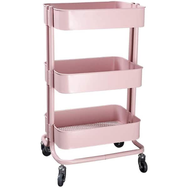 17.7 in. x 13.7 in. x 31.1 in. 3-Tier Metal Mobile Utility Cart in Pink ...