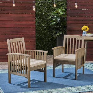 2-Piece Brown Wood Outdoor Dining Chair with Cream Cushions