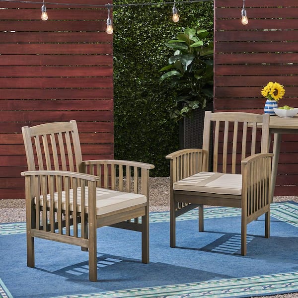 Tenleaf 2-Piece Brown Wood Outdoor Dining Chair with Cream Cushions