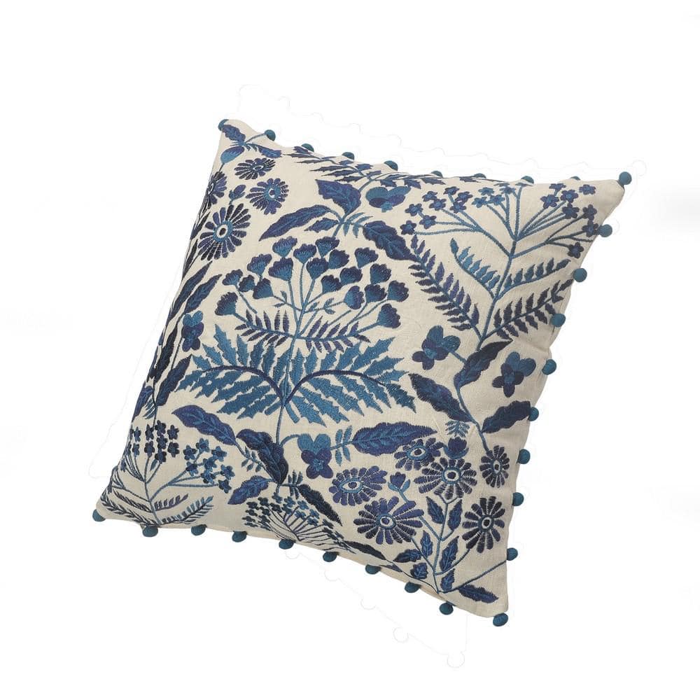 Navy and Off-White Bohemian Floral Square Throw Pillow