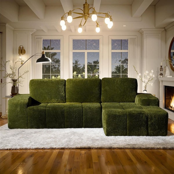 KALE 114 in. Wide Arm 2-Piece Modern Lurex Shimmer Velvet L-Shape Modular Sectional Sofa in Green with Right Chaise