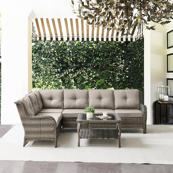 Gymojoy Carolina 5-Piece Gray Wicker Outdoor Patio Sectional Sofa Set with Gray Cushions and Coffee Table