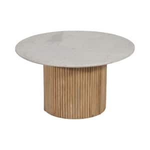 34 in. Brown Round Wood and Marble Reeded Coffee Table