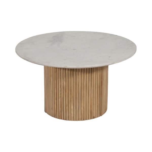 Liv & Skye 34 in. Brown Round Wood and Marble Reeded Coffee Table