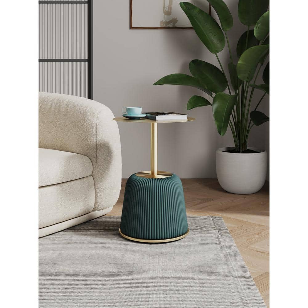 Green and Gold Metal Round Accent Table with Ridged Base