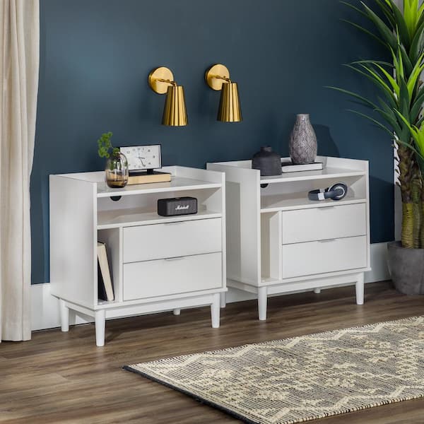 Walker Edison Furniture Company 2-Drawer White Solid Wood Mid-Century Modern Nightstands with Tray Top (Set of 2) (25.5 in. H x 25 in. W x 16 in. D)