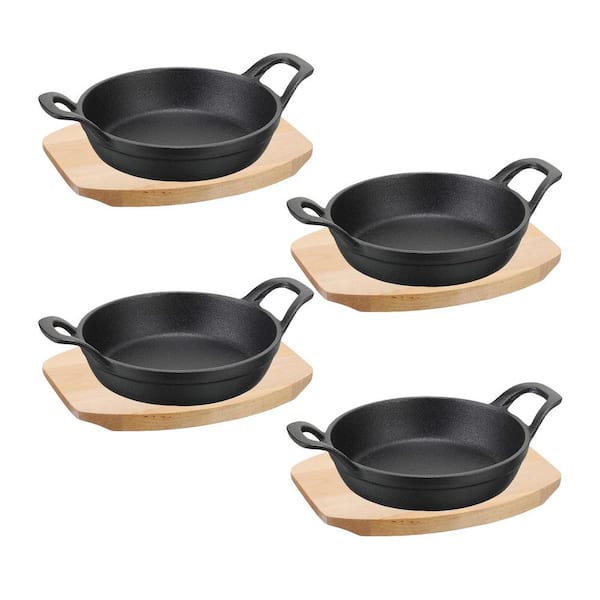 4 Piece Cast Iron Skillet Set Pre-Seasoned Black Finish with Wooden Base Induction Compatible Cookware